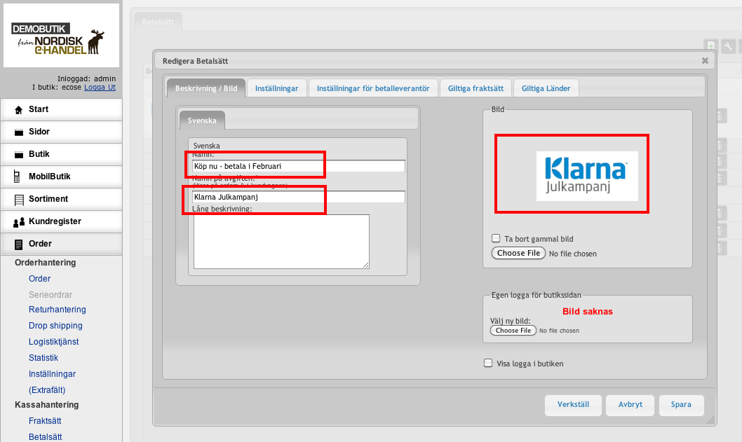 Ändra texter till Klarna julkampanj